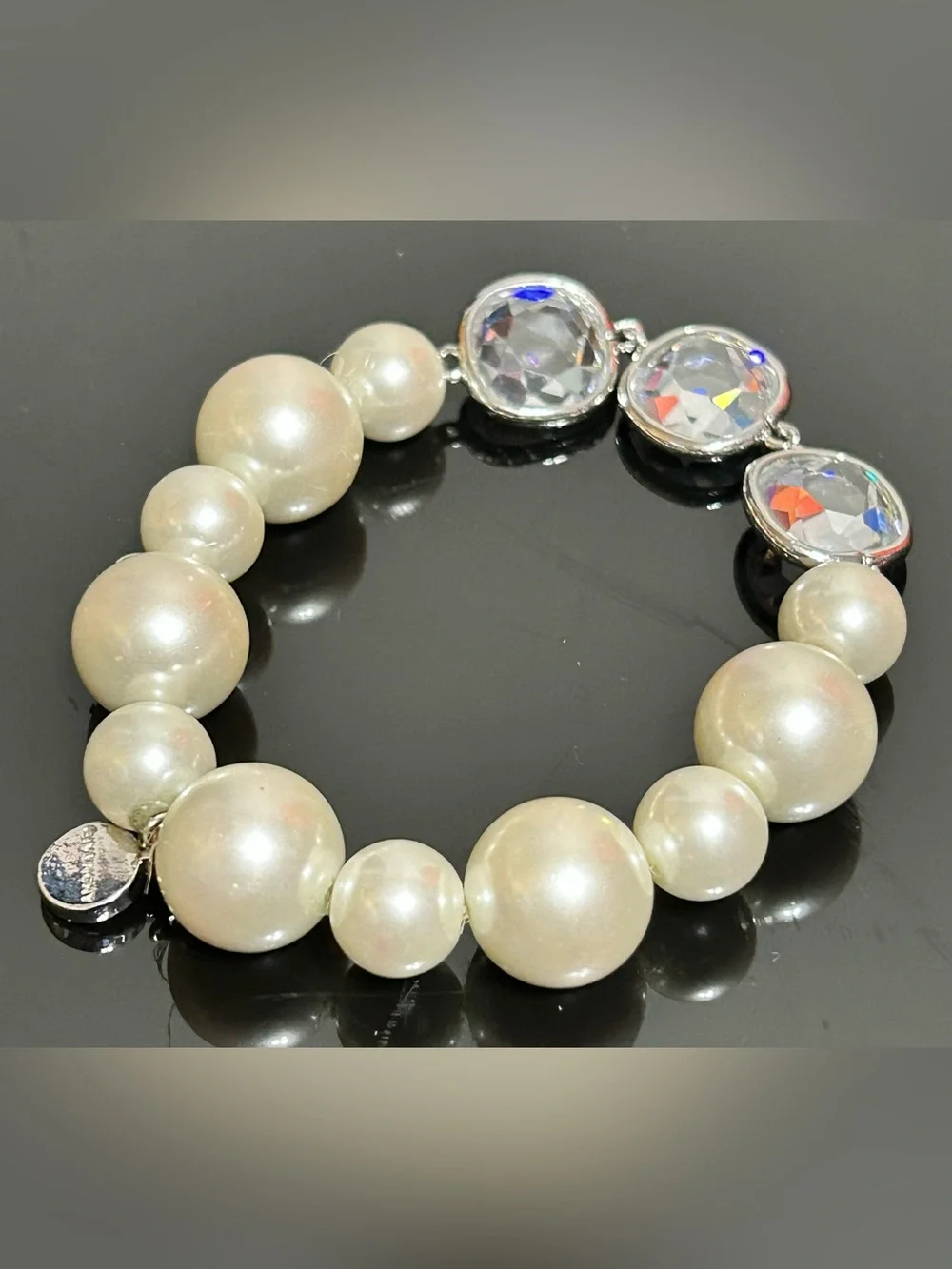 Vintage Givenchy White Pearl Stretch Bracelet  with Crystals